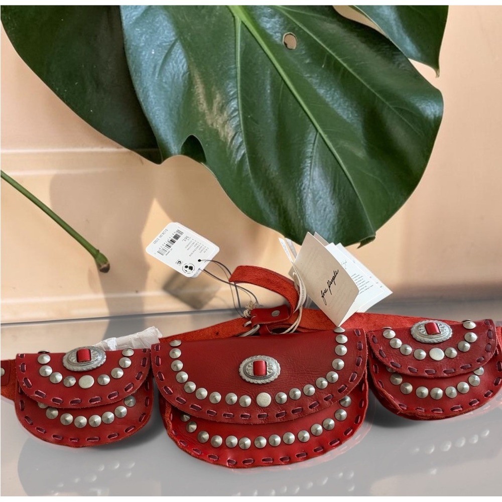 Free People Lucky Stars Leather Pocket Belt Bag Western Festival Women's M L Red